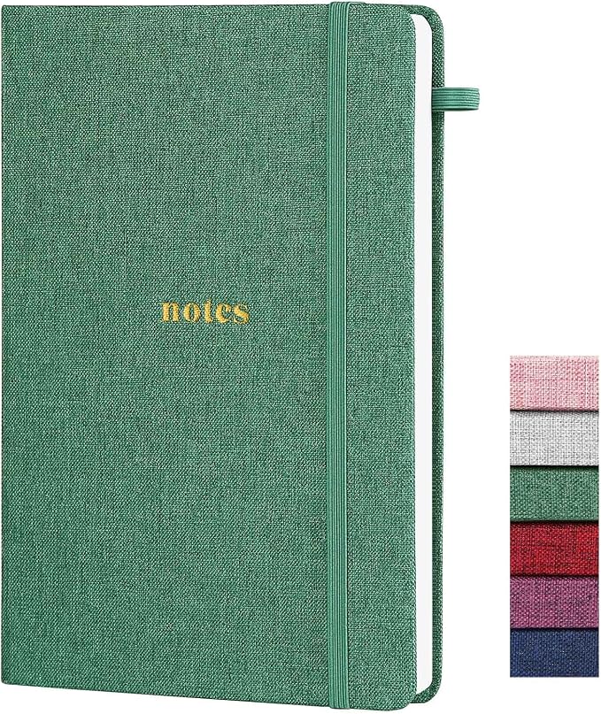 A5 Lined Journal Notebook, Fabric Hardcover | 100GSM Paper 160 Pages, 5.7"x8.39" College Ruled Journaling, with Elastic Band & Pen Loop, for Work, School (Dark Green)