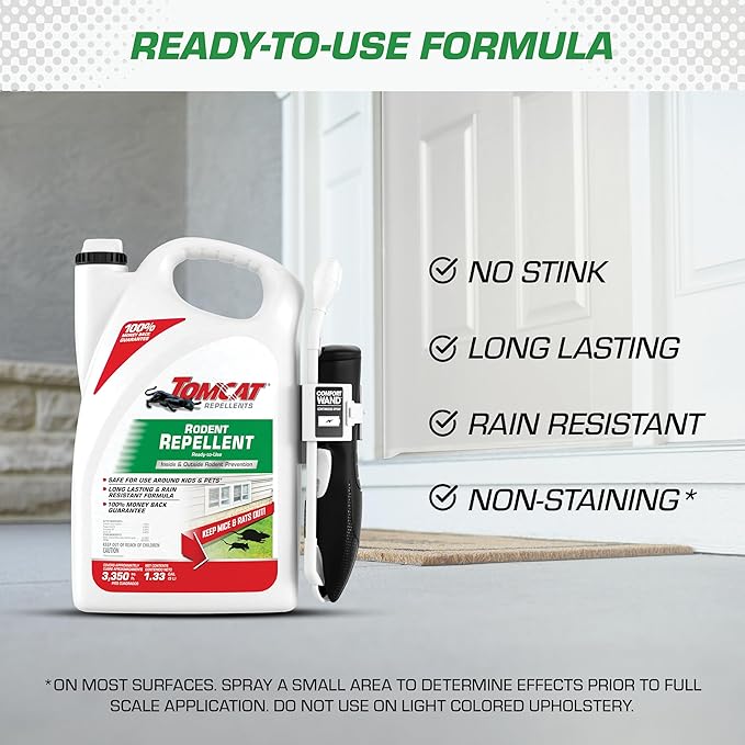 Tomcat Repellents Rodent Repellent Ready-to-Use, for Indoor and Outdoor Mouse and Rat Prevention with Peppermint, Cinnamon and Garlic Essential Oils, 1.33 gal.