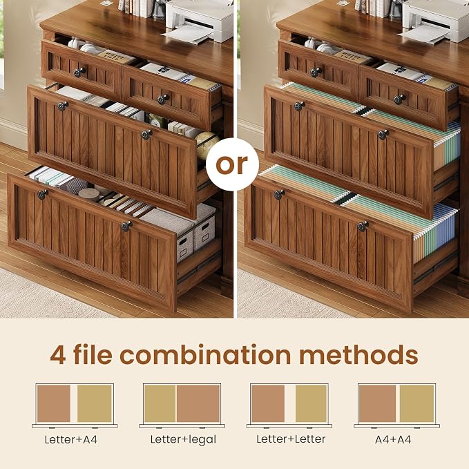 SEDETA 4 Drawers File Cabinet, 33" Farmhouse Filing Cabinets for Home Office fit Legal/Letter/A4 File, Wood Office File Cabinet with Power Outlets, Printer Stand with Storage, Brown