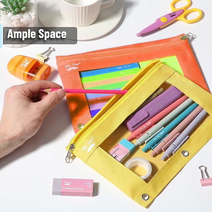Mr. Pen- Pencil Pouch for 3 Ring Binder, 2 Pack, 10"x6.75", Smooth Zipper | Clear Window, Large Capacity Pencil Case with 3 Reinforced Grommets for School, Office, Supplies Storage | Clear Window, Large Capacity Pencil Case with 3 Reinforced Grommets f...