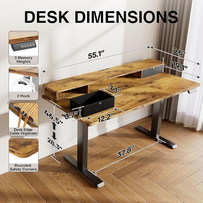 Veken 55x26 in Electric Standing Desk with Drawers, Adjustable Table, Brown | Stand up Computer Desk for Home Office, Work & Study, with Storage, 3 Memory Presets, Cable Organizer, Hook, and Quiet Lift.