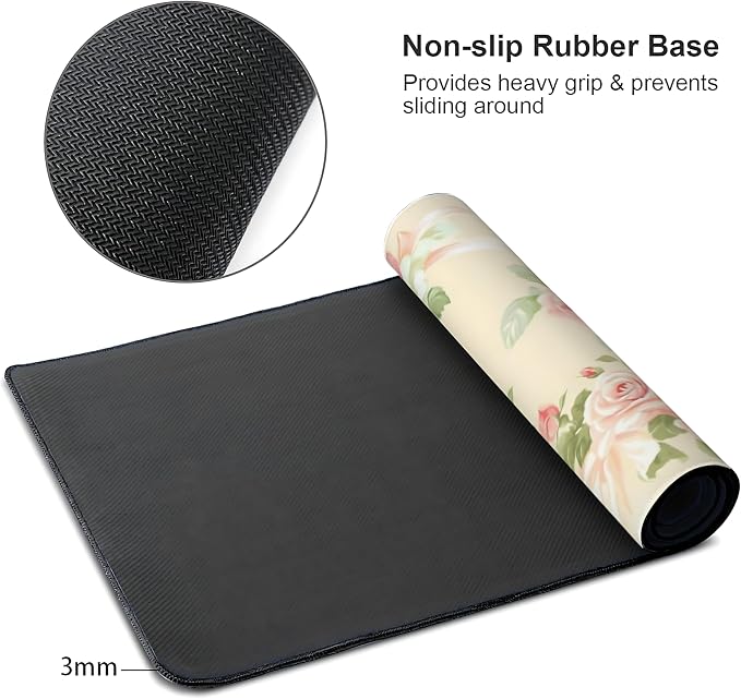 Cute Floral Aesthetic Rose Gaming Mouse Pad, Pink Macaron Desk Mat with Anti-Slip Base & Stitched Edges, Computer Keyboard & Laptop Pad, 35.4" x 15.7" in in Workstation Accessories