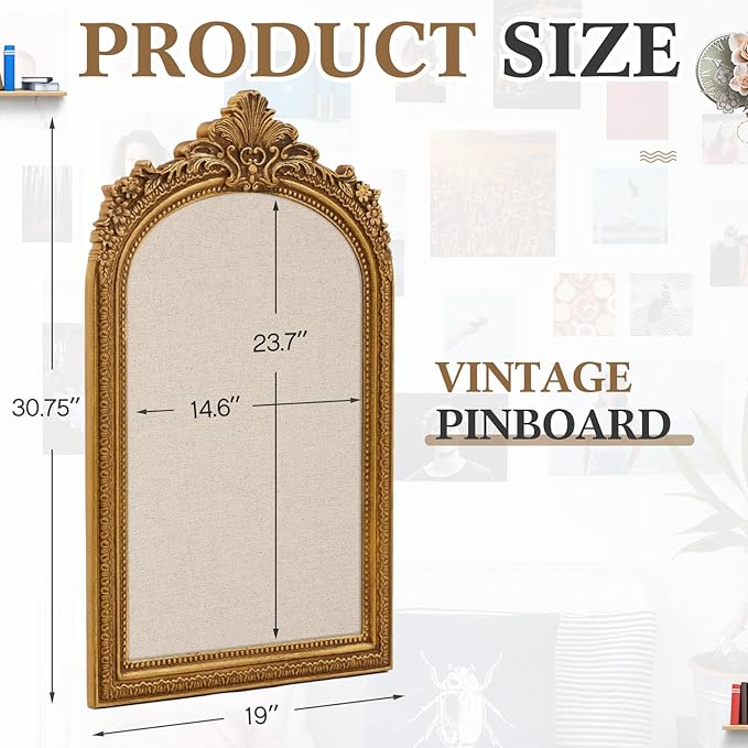 Vintage Framed Pin Board Linen Display Bulletin Board Large Ornate Fabric Picture Photo Pinboard Memo Decorative Prayer Pinboard Ornate for Wall Gift(Arch,20'' X 30'',Classic Gold)