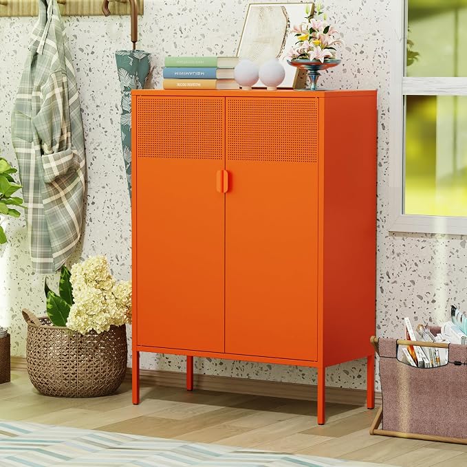 Washsemba 2 Mesh Door Metal Cabinet with Adjustable Shelves, Multipurpose Orange Storage Cabinet, 3-Tier,Metal Storage Cabinet for Office Home,Hallway(Orange, 47''H)