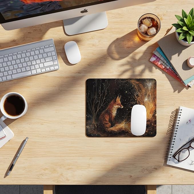 Vintage Fox Campfire Mouse Pad, Fox Lover Gifts, Mystical Enchanted Forest Wild Animal Mouse Pads for Desk Home Office Dorm Computers Laptop, Camping Nature Desk Accessories, 9.5x7.9 Inch