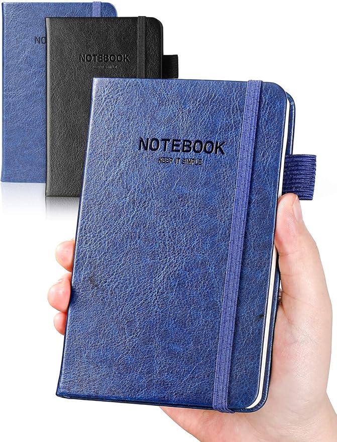 Pocket Notebook Small Notebook 2-Pack, 3.7" x 5.7" Pocket Notebooks Hardcover with Thick Lined Paper, Inner Pockets, Cover Letter Embossing Design Mini Journal Notepad Black+Navy