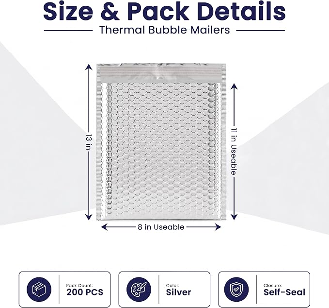 Waterproof Insulated Foil Thermal Bubble Mailers 8x11, 200-Pack | For cosmetics, supplements & small perishables. Foil lining keeps items hot or cold.