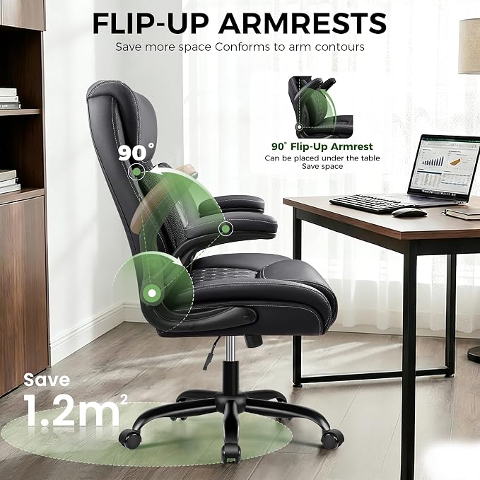 Office Chair, Ergonomic Executive Desk Chair with Lumbar Support for Lower Back Pain Relief, Padded Flip-Up Armrests, Leather Home Office Chair, Black