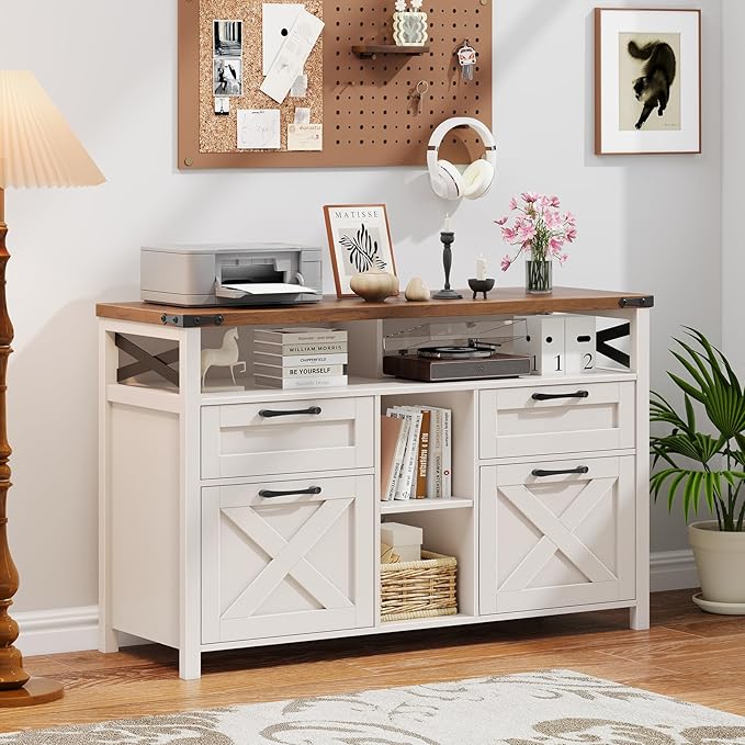 Halitaa File Cabinet with Open Storage Shelf for Home Office, Off White | Farmhouse, Lateral Filing Organization Storage Cabinets, 4 Drawers, Adjustable Shelf, Hanging Files Letter/A4