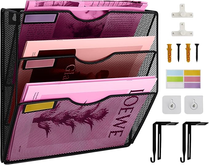 3 Pockets Mesh Wall File Holder Organizer Office Hanging File Folder Magazine Rack, Nametag Label Hooks Set Included (Black)