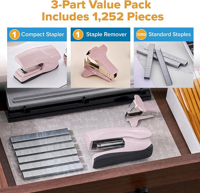Bostitch Heavy Duty Stapler Value Pack, 40 Sheet Capacity, Pink | Half-strip, flat-clinch design opens fully for tacking bulletin boards; includes a staple remover and 5,000 staples.