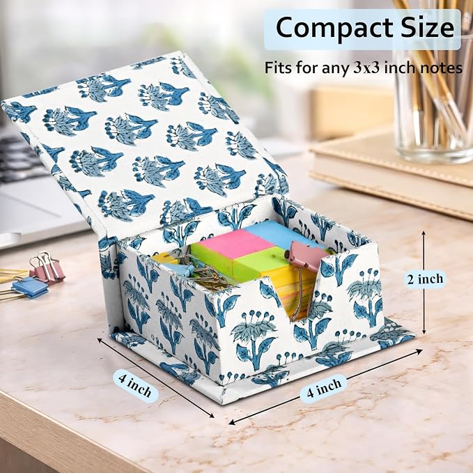 CPC Apatite Blue Block Print Cotton Desk Organizer Sticky Note Holder | Cute, Aesthetic, Decor Accessories, Workspace Organizers, Caddy Storage, Gift for Office, Professionals, Student