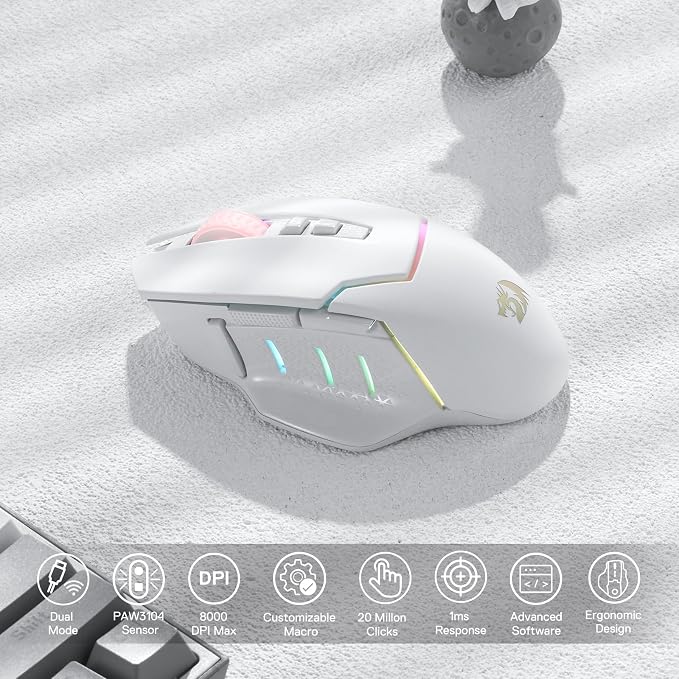 Redragon M690 PRO Wireless Gaming Mouse, 8000 DPI Wired/Wireless Gamer Mouse w/Rapid Fire Key, 8 Macro Buttons, Ergonomic Design for PC/Mac/Laptop, White | Cable-Free 0 Delay, Smooth Precise Tracking, Rapid-Fire Macro Keybinds, Vibing Backlight, Ergono...