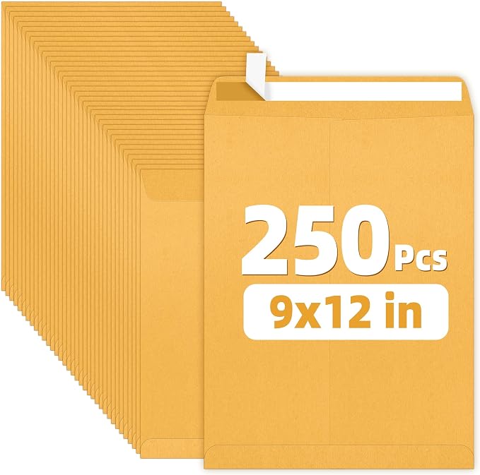 SUNEE 9 x12 Manilla Envelopes, 28lb Brown Kraft, Ultra Strong Quick-Seal Security Catalog Mailing Envelopes for Flat Letter Size Documents or Photos, 250 Count
