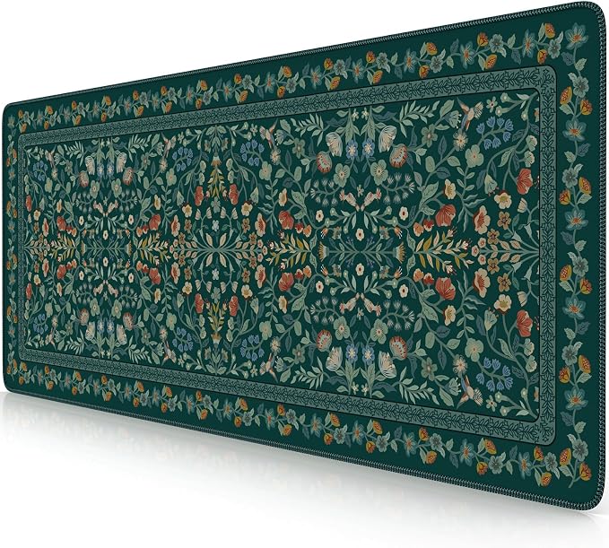 iCasso Aesthetic Floral Desk Mat,Retro Mouse Pads,31.5x11.8in,Deep Green | Anti-Slip Mousepad with Stitched Edges, Waterproof Computer Pad, Desk Accessories Office Decor for Women