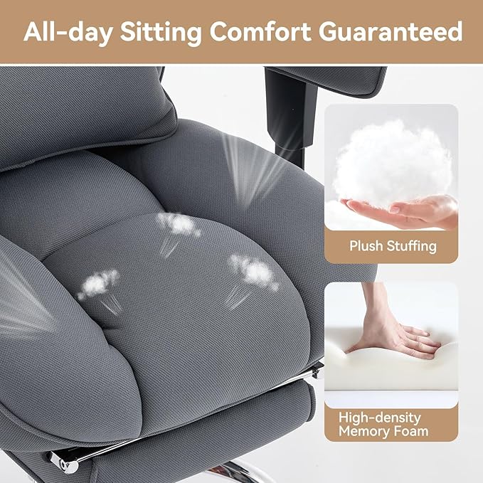 Efomao Executive Office Chair, Bluegrey Fabric Big and Tall Desk Chair | Breathable fabric, pocket spring & foam seat, retractable footrest, 135° recline for computer gaming setup