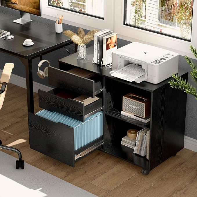 OLIXIS 3 Drawer Lateral File Cabinet, Rolling Printer Stand with Storage | Mobile Filing Cabinet Fits Under Desks, Holds A4/letter Files with Hanging Frame and Lockable Wheels, Black