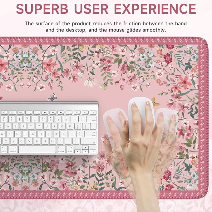 iCasso Desk Mat Pink,Long Mouse Pad with Stitched Edges | Non Slip Computer Pad for Women,Cute Aesthetic Keyboard Mat for Desktop,Large Desk Cover Work Home School