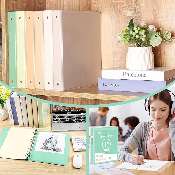 3 Ring Binder - 6 Pack, 1 Inch Binder with 2 Interior Pockets & Clear View Overlay, Large Capacity, Round Ring Binders for Office Supplies, School & Home (6 Colors, Light Colors)