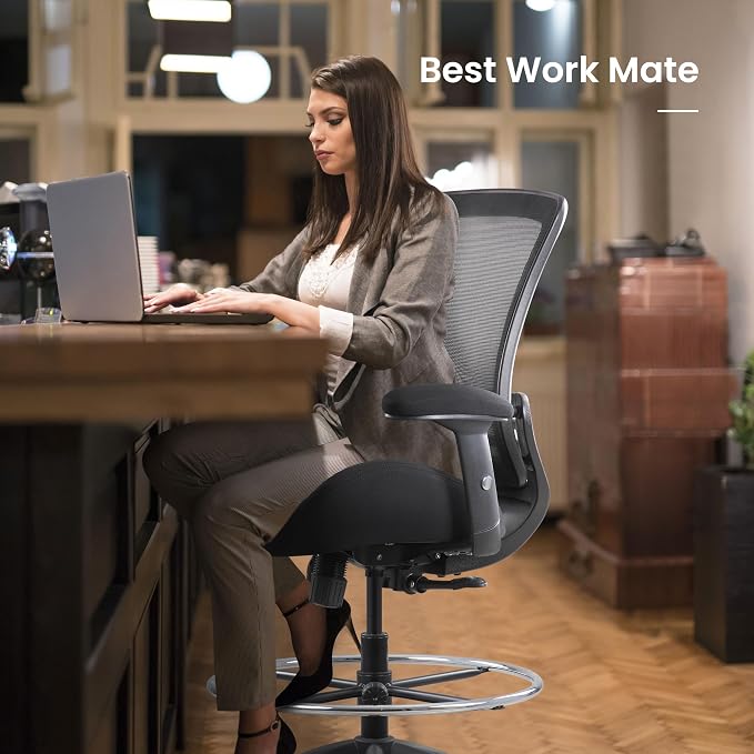 BOLISS 400lbs Mid Back Mesh Ergonomic Drafting Office Chair | for Standing Desk, Extra Wide Seat, 2 locking position, Lower Back Support, Adjustable Foot Ring Height Adjustable Armrest