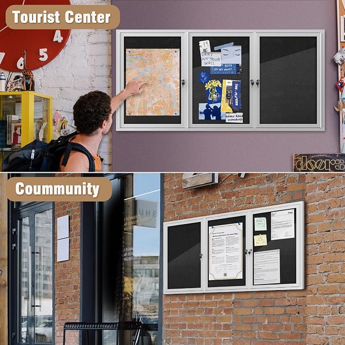 Mifuro 70"x34" Enclosed Bulletin Board, Outdoor Lockable Weather-Resistant Aluminum Cork Noticeboard for School & Office, Silver Frame w/Black Flet