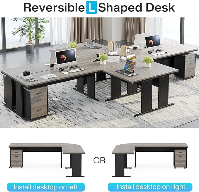 Tribesigns 83" L-Shaped Executive Desk, Large Office Desk with Drawes, Industrial Corner Computer Table with File Cabinet, Business Workstation for Home Office (Gray, 83")