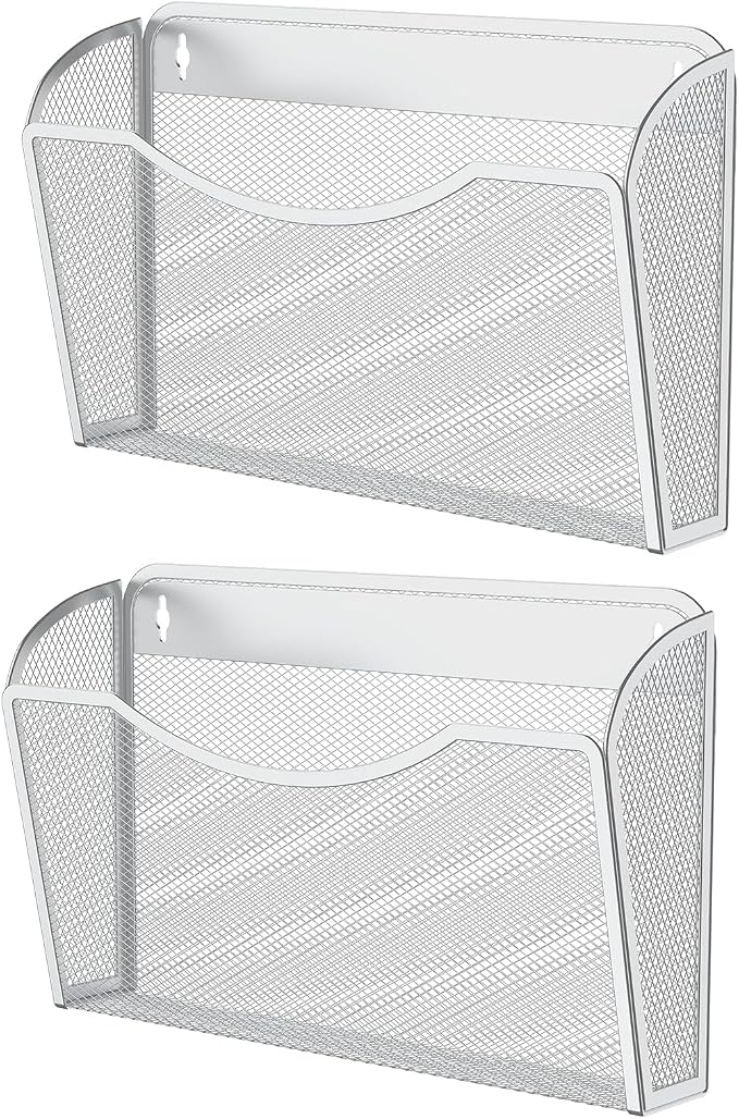 MINDEPOT Wall File Organizer, Hanging Wall File Holder, 2 Pack, Silver | Heavy Duty Iron, Metal Mesh Wall Mount, Single Pocket, Mail Organizer, for Office School Classroom Home, Letter A4 Size