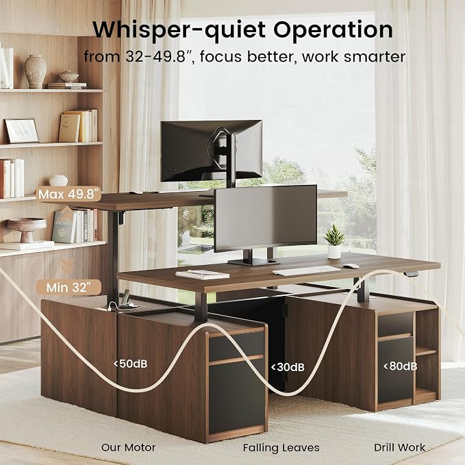 71'' Executive Standing Desk with Hutch, Power Outlet | Computer Desk with Hutch, Adjustable Dual-Workstation with Storage, Privacy Panel, Whole Piece Desktop, Black Walnut