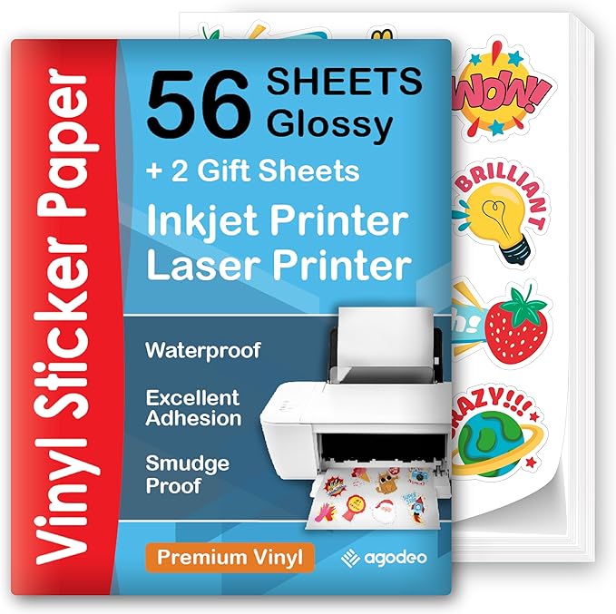 Premium Printable Vinyl Sticker Paper for Inkjet & Laser Printer - 56 Sheets - Glossy White - Self-Adhesive Waterproof Sheets - Dries Quickly & Vivid Colors - Holds Ink Well - Tear Resistant