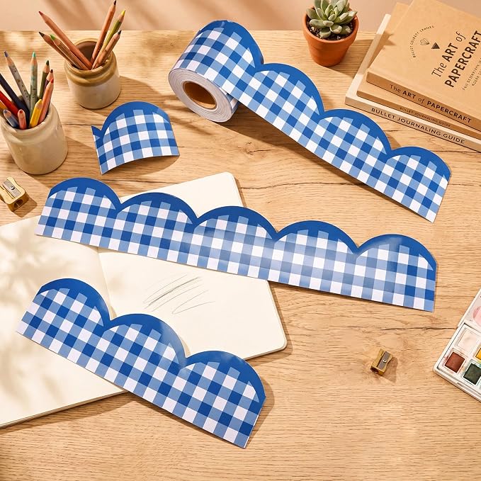 Zonon 65ft Navy Blue Gingham Bulletin Board Border Scalloped 3 Inches | Scalloped Edge Trim for Classroom Walls, Whiteboards, Desks, Windows, Doors, Lockers, Back to School Decoration Supplies