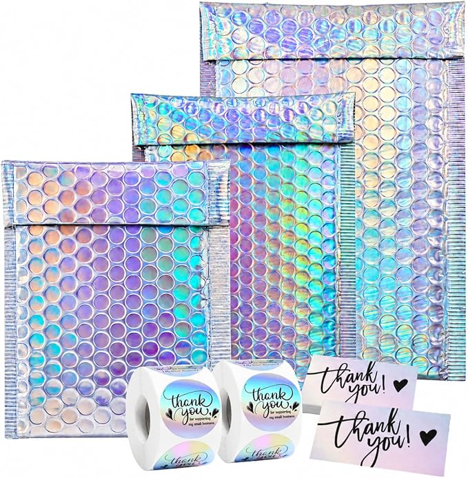 50Pack Bubble Mailers, Holographic Bubble Padded Envelopes, 3 Sizes | Self Seal Waterproof Shipping Bags Bubble Mailers, Metallic Poly Mailers for Small Business Mailing Packing Jewelry Makeup