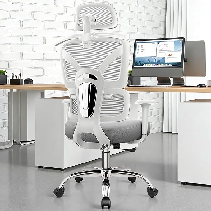 Ergonomic Office Desk Chair, High Back Mesh Office Chair with Adjustable Lumbar Support, 3D Headrest, Big and Tall Home Computer Desk Chairs Comfy for Work, Gaming, 300lbs, Gray