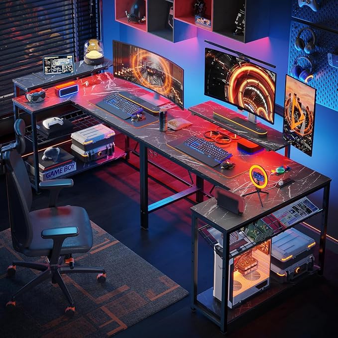 Bestier 42-Inch L-Shaped Gaming Desk with Charging & LED, Marble Black | Charging 2AC+USB+Type-C, RGB LED 7 Colors/20 Modes, Reversible Shelves, 3D Carbon Fiber, Headphone Hook, Small Space