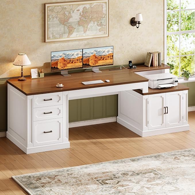 SEDETA Farmhouse 70.9" Executive Desk, Home Office Desk with File Drawers and Storage Cabinet, Computer Desk with Power Outlet for Home Office, Work Study Writing, White+Brown