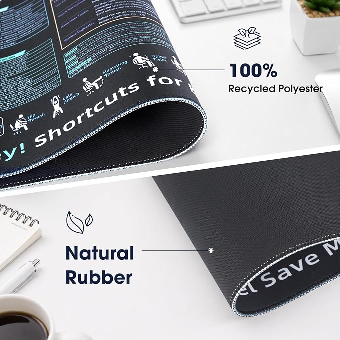 Excel Cheat Sheet Desk Pad-Big Mouse Pad(31.5in×11.8in×0.1in) | Desk Mat for Microsoft Excel Shortcuts | Office Desk Accessories | Non-Slip Stitched Edge