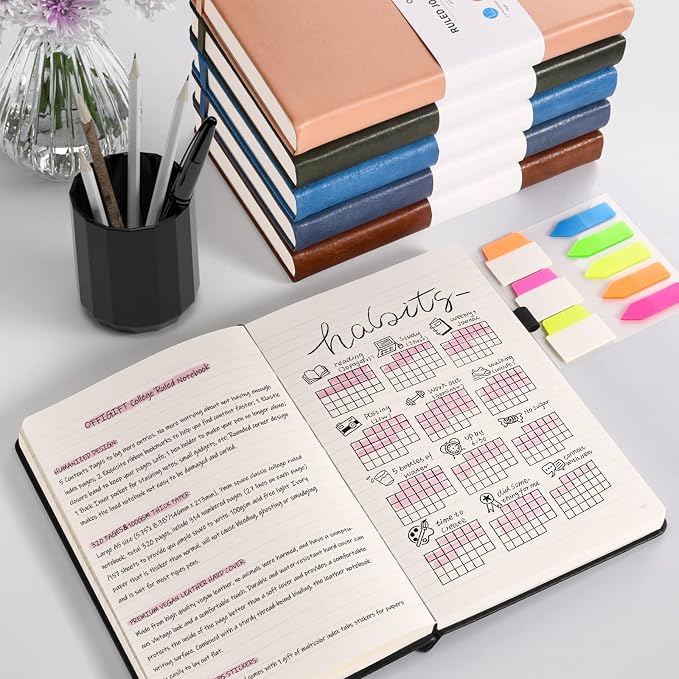 5 Pack College Ruled Notebook Bulk, A5, 312 Numbered Page Thick Journal Set | Cost-Effective 5 Pack 1600 Pages Total, 100gsm No Bleed Paper, Leather Hardcover, Lay-Flat, for Writing, Work, Employee Gifts