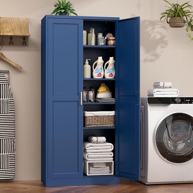 71" Tall Metal Kitchen Pantry Cabinet, Storage Cabinet with Doors | Kitchen Cabinet with 4 Adjustable Shelves, Tall Food Pantry Cabinet, Blue Cupboard for Kitchen, Dining Room, Garage & Office