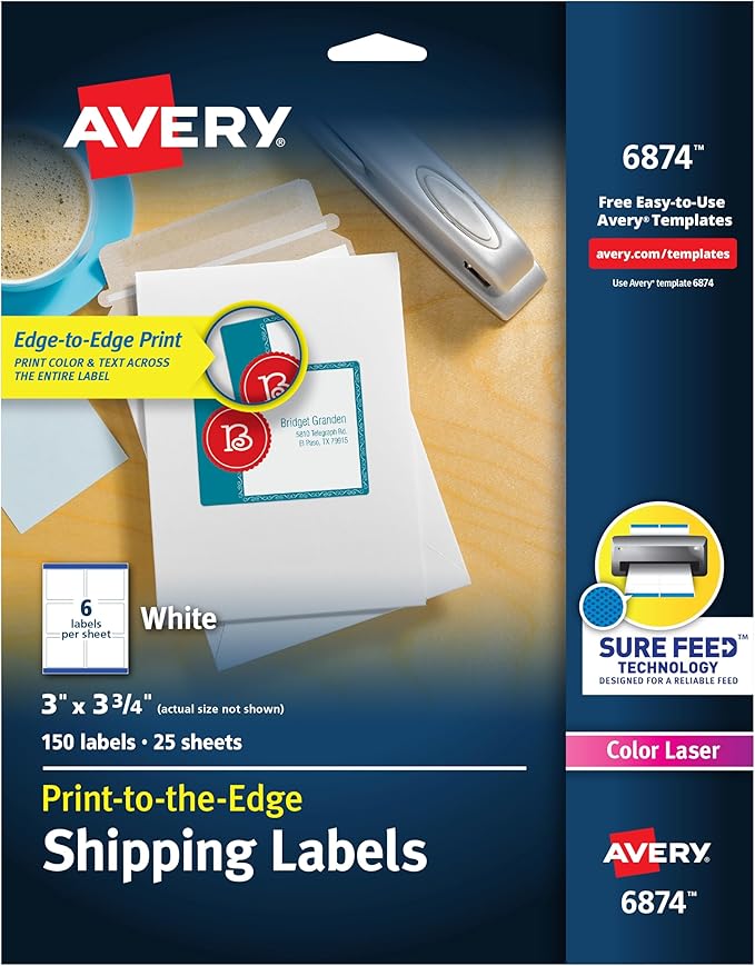 Avery Print-to-the-Edge Printable Shipping Labels, 3" x 3.75", Matte White, Sure Feed Technology, Laser & Inkjet Compatible, 150 Blank Labels, Great for Mailing, Branding, and More (6874)