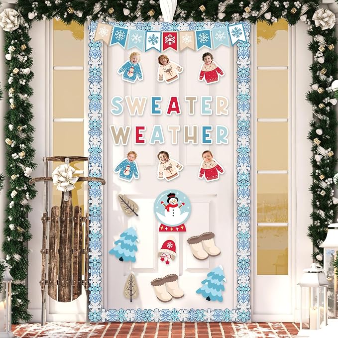 95Pcs Winter Bulletin Board Decoration Set Christmas Sweater Weather Classroom Decoration Kit Snowmen Snowflake Border DIY Photo for Home School Office Wall Door (Sweater)