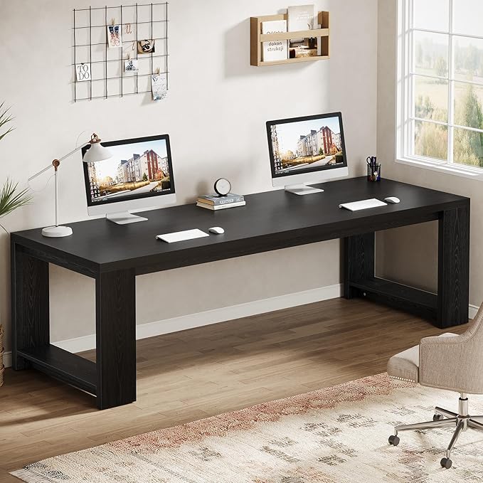 Tribesigns 2 Person Desk Set of 2, 86.6 Inches Extra Long Desk, Two People Computer Writing Table, All Wood Large Desks Workstation for Home Office, Black