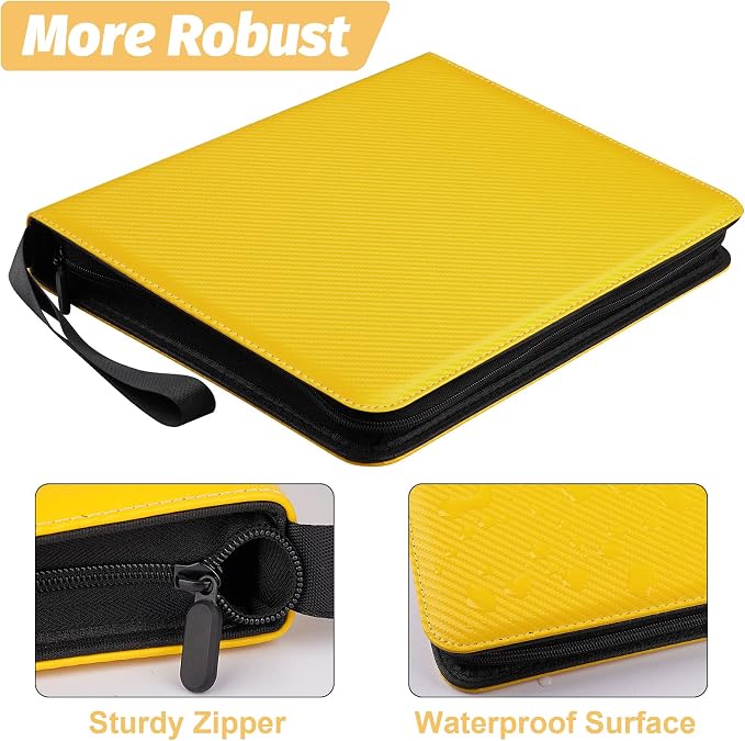 GERMUN 3 Ring 9 Pocket Zipper Card Binder, 720 Double Sided Standard PU Trading Card Album Folder for TCG & Sports Cards, Not Fit Top Loaders (yellow)