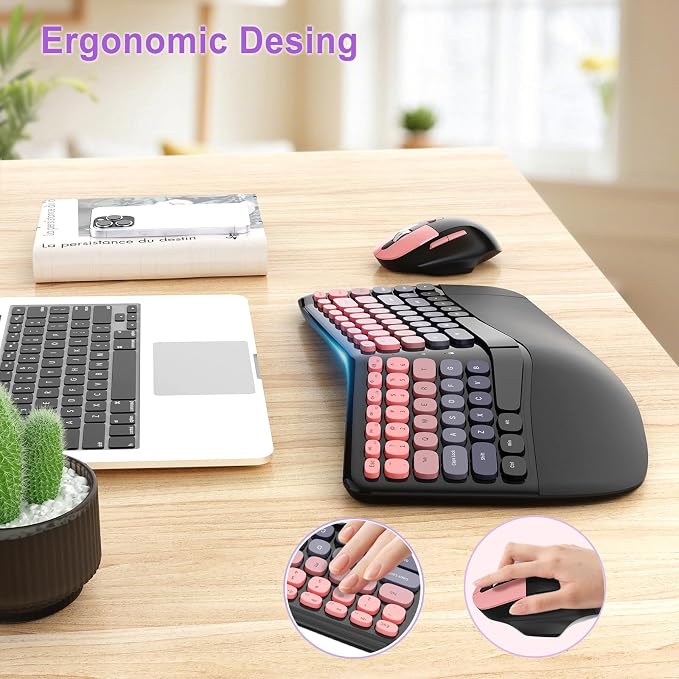 Ergonomic Wireless Keyboard Mouse, Mechanical Gaming Set with Wrist Rest | Compatible With All windows and Type C Computer,With OTG & Long Clean Bruch,Ideal for PC, Home, Office and College