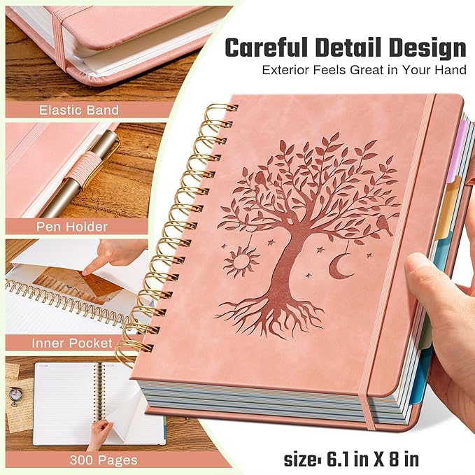 Hardcover Spiral Notebook 6.1" x 8.4" with 5 Removable Dividers 300 Pages Leather 5 Subject Notebook College Ruled 100GSM Large Spiral Notebooks for Work Thick Lined Journal for Women, Pink