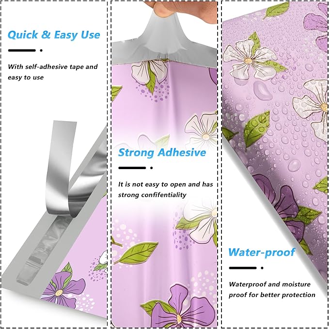 Poly Mailer 10x13 Inch 25 Pcs, Waterproof and Tear-Resistant Shipping Bags for Clothing, Strong Self-Sealing Mailing Bags with Purple Flower Printed Packaging