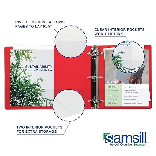 Samsill Durable 0.5 Inch Binder, D Ring Binder, Customizable Clear View Cover, Ruby Red, Holds 125 Pages