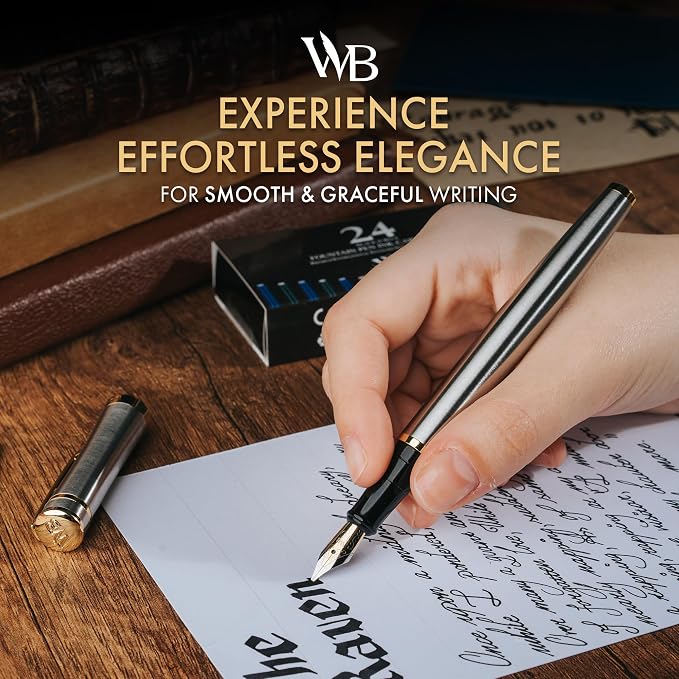 Wordsworth & Black Luxury Fountain Pen Set for Writing, Broad Nib, Silver | Gift for Men & Women, Brass Body, 18K German Iridium, Calligraphy, Converter + 24 Ink Cartridges, Refillable, Leak-Free