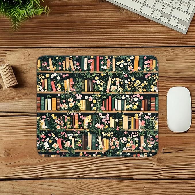 Mouse Pad for Desk with Stitched Edge, Premium Cute Washable Mouse Pads. Computer Mousepad with Non-Slip Rubber Base, Mousepads for Laptop, 9.25x7.75x0.12 inch (Bookish Blooms)