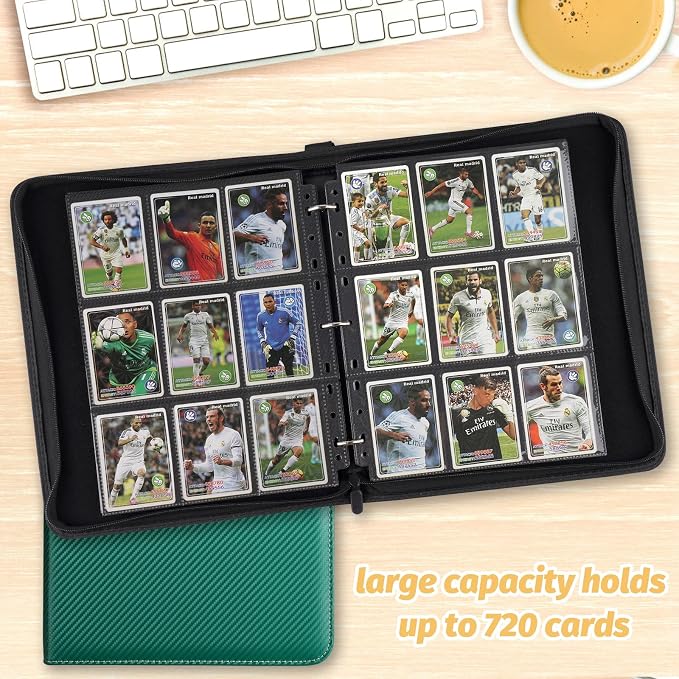 GERMUN 3 Ring 9 Pocket Zipper Card Binder, 720 Double Sided Standard PU Trading Card Album Folder for TCG & Sports Cards, Not Fit Top Loaders (Dark Green)
