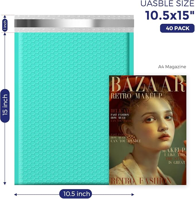 Fuxury Bubble Mailers 10.5x16 Inch 40 Pack Self Seal Padded Envelopes | Large Shipping Envelope,Usable Size 10.5x15 inch,Padded Mailers,waterproof,Teal,#5,ideal for clothing,book and small business