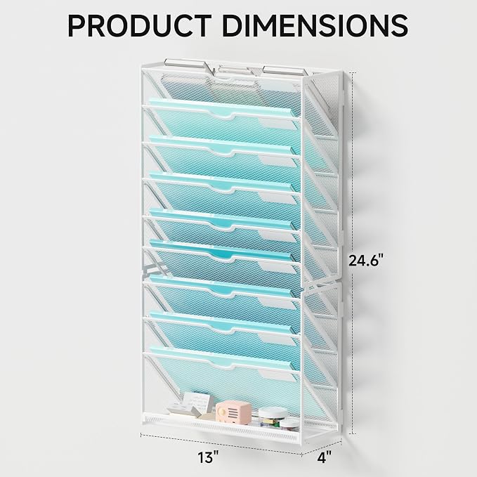 Lavatino 10-Tier Hanging Wall File Folders Organizer - White Metal Mesh Paper Magazine Document Mail Holder File Organizer for Office School Home Wall Mount or Desk Supplies Organization
